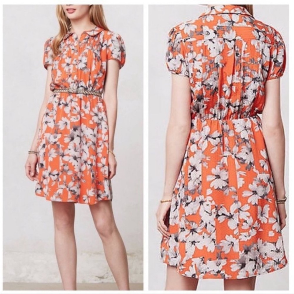Anthropologie Maeve Orange Floral Spectrum Silk Dress, Size 10